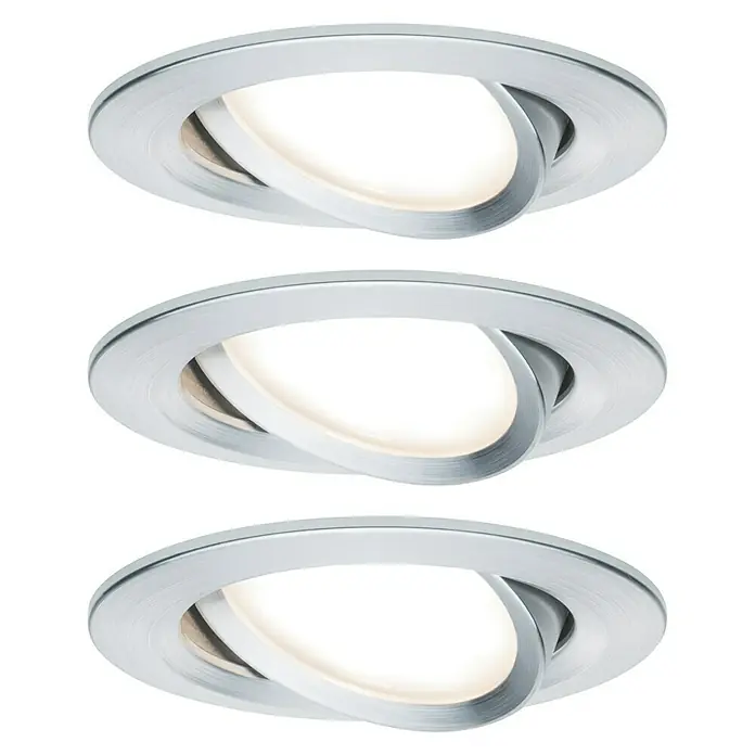 Paulmann Nova LED-Einbauleuchten-Set - 6,5 W, 3 Stk., Warmweiß, Durchmesser: 8,4 cm, Aluminium - Das Bild zeigt drei moderne, silberfarbene LED-Einbaustrahler mit drehbarem Design und warmweißem Licht, ideal für stilvolle Innenraumbeleuchtung.