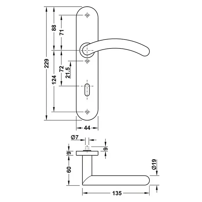 Häfele Zimmertürgarnitur Stellia - B x H: 44 x 229 mm, Edelstahl - Technische Zeichnung eines Türgriffs mit Maßangaben. Präzise Details zur Konstruktion und den Abmessungen des Produkts.