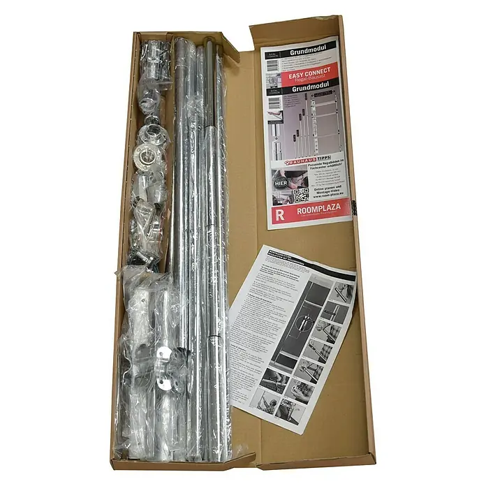 Easy Connect Regalsystem-Grundmodul - Passend für: 3 Regalböden - Produktfoto eines Bausatzes für ein modulares Regalsystem, bestehend aus Rohren, Verbindungsstücken und einer Anleitung.