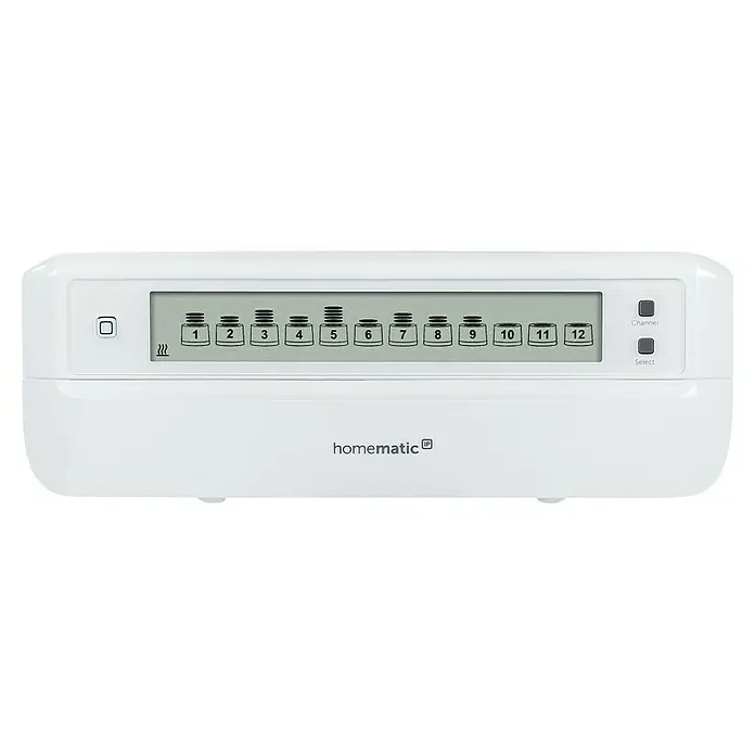 Homematic IP Regulador para suelos radiantes HmIP-FALMOT-C12 - Blanco, Suelo radiante por agua, máximo 12 zonas de calefacción - Primer plano de una unidad central Homematic IP con pantalla LCD y elementos de control para componentes de hogar inteligente.