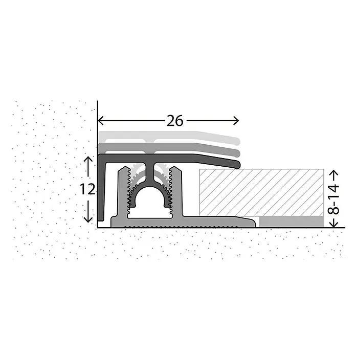 LOGOCLIC Abschlussprofil 313 - Silber, 2,7 m x 26 mm, Montageart: Stecken - Profilleiste für den Übergang zwischen Bodenbelägen unterschiedlicher Höhen, Maße sind angegeben.