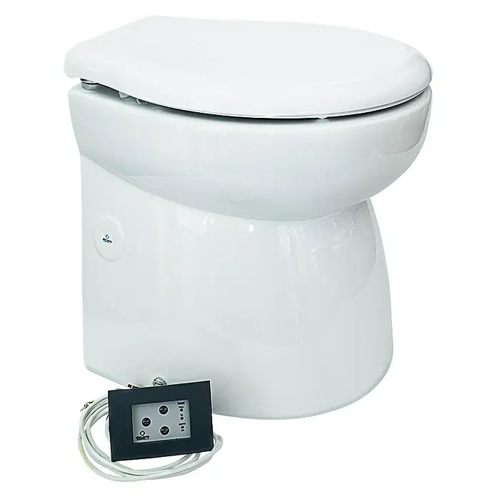 Albin Pump Bordtoilette Silent Premium - L x B x H: 45,5 x 33,5 x 45,5 cm, Keramik - Hier ist eine Nahaufnahme einer modernen, weißen Toilette mit elektronischer Steuerung. Das Design ist schlicht und elegant.