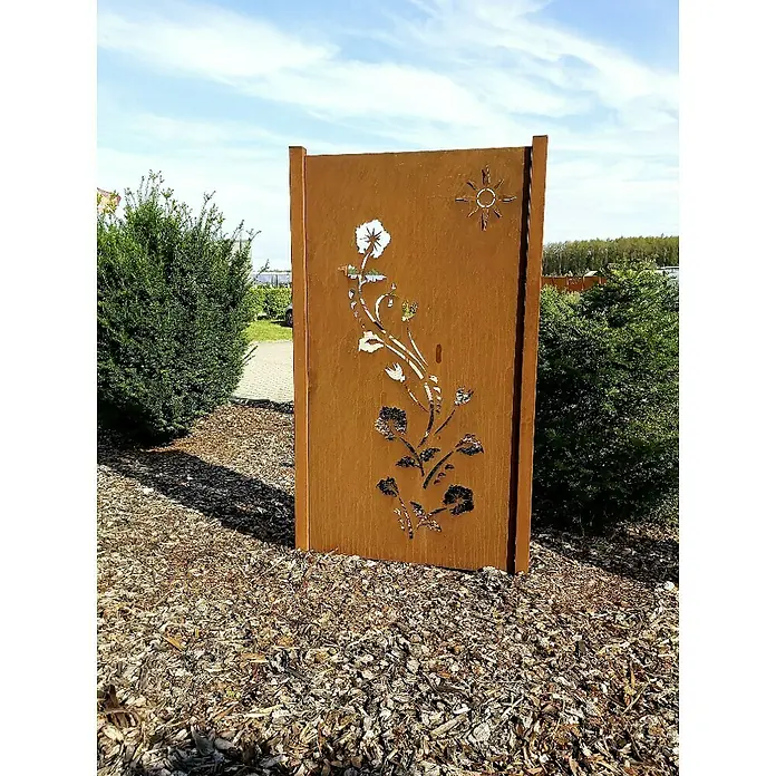 Jabo-Design Sichtschutzelement - 90 x 180 cm, Dekor Lilie, Edelrost - Dekorative Rost-Gartenwand mit ausgeschnittenem Blumenmuster und Sonnensymbol, ideal als Sichtschutz und Gartenelement.