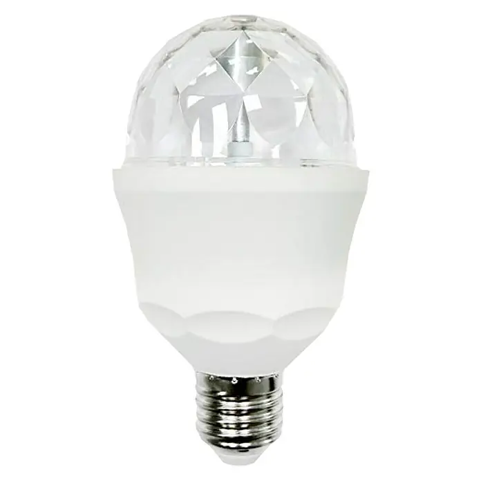 Garza Bombilla LED Disco - E27, No regulable, RGB, 3 W - Primer plano de una bombilla con una esfera cristalina, ideal para fiestas, con base blanca y rosca plateada.