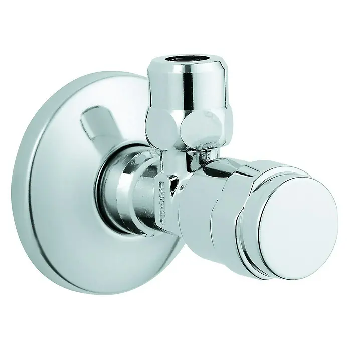 Grohe Eckventil Egaplus - ½″, Verchromt - Nahaufnahme eines glänzenden, verchromten Eckventils mit rundem Griff und Wandbefestigung.