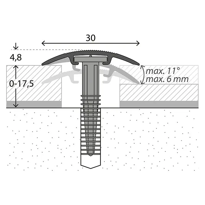 LOGOCLIC Übergangsprofil 201 - Sahara, 0,9 m x 30 mm, Montageart: Schrauben - Querschnitt einer Übergangsschiene mit Maßen. Die Übergangsschiene gleicht Höhenunterschiede von 0 bis 17,5 mm aus.