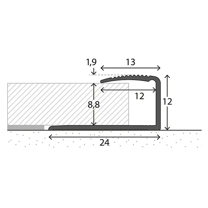 LOGOCLIC Endprofil 250 - Edelstahl matt, 0,9 m x 24 mm x 12 mm, Montageart: Kleben - Profilzeichnung eines Treppenkantenprofils mit Maßangaben. Das Profil schützt und betont die Treppenkante mit seinen Maßen.
