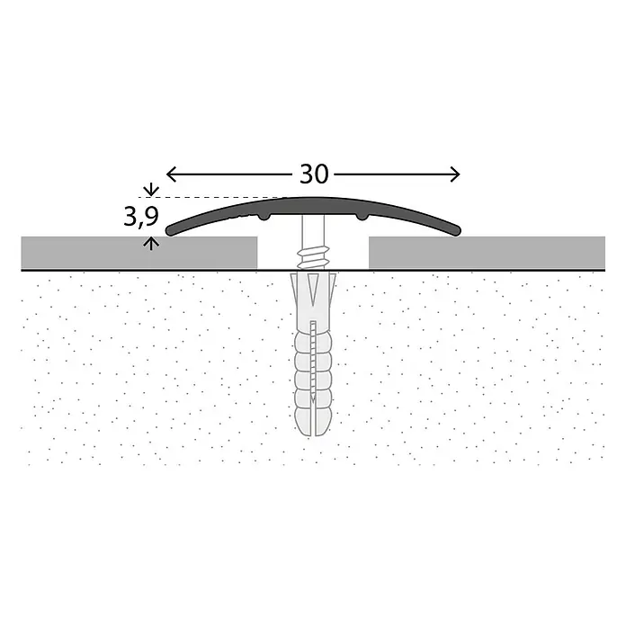 LOGOCLIC Übergangsprofil 130 - Sahara, 1 m x 30 mm x 3,9 mm, Montageart: Schrauben - Eine Abbildung eines Übergangsprofils mit Maßen von 30 mm Breite und 3,9 mm Höhe, befestigt mit Schraube und Dübel.