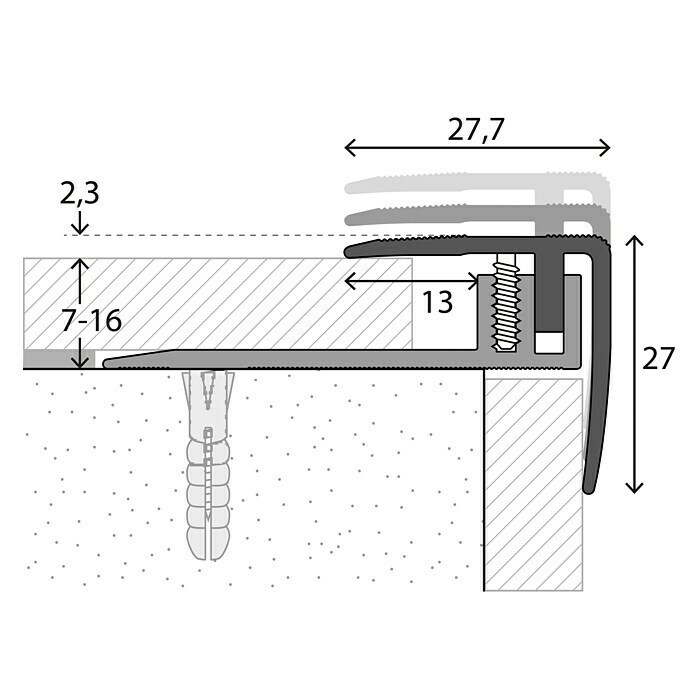 LOGOCLIC Treppenkantenprofil 229Silber, 1 m x 27,7 mm x 27 mm, Montageart: Schrauben Detail Shot