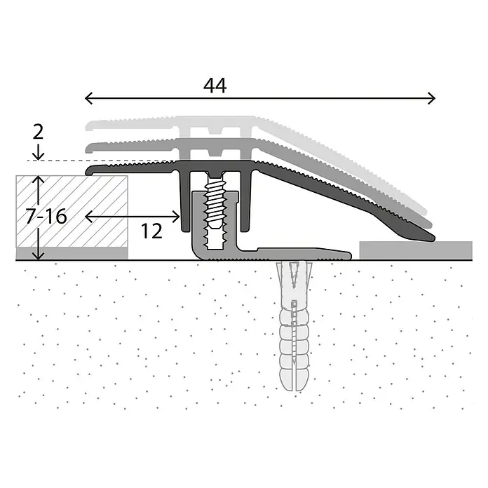 LOGOCLIC Anpassprofil 221 - Silber, 0,9 m x 44 mm, Montageart: Schrauben - Ein detaillierter Querschnitt einer Bodenübergangsleiste mit sichtbaren Maßen und Befestigungsdetails.