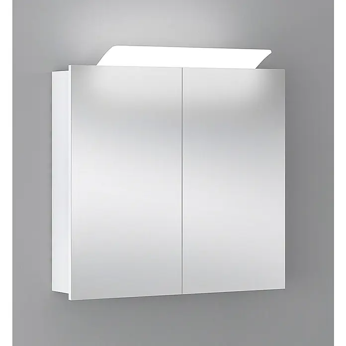 Camargue Orion LED-Spiegelschrank - B x H: 73 x 68 cm, Mit Beleuchtung, Weiß - Ein weißer Spiegelschrank mit integrierter Beleuchtung hängt an einer grauen Wand und bietet praktischen Stauraum im Badezimmer.