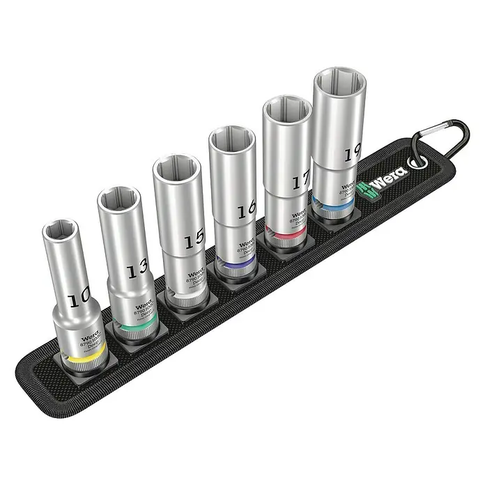 Wera Steckschlüssel-Set 8790 HMC - 6 -tlg., Antriebsgröße: ½″ - Ein Wera-Steckschlüsselsatz mit verschiedenen Größen (10-19 mm) in einer praktischen Halterung. Ideal für Werkstatt und unterwegs.
