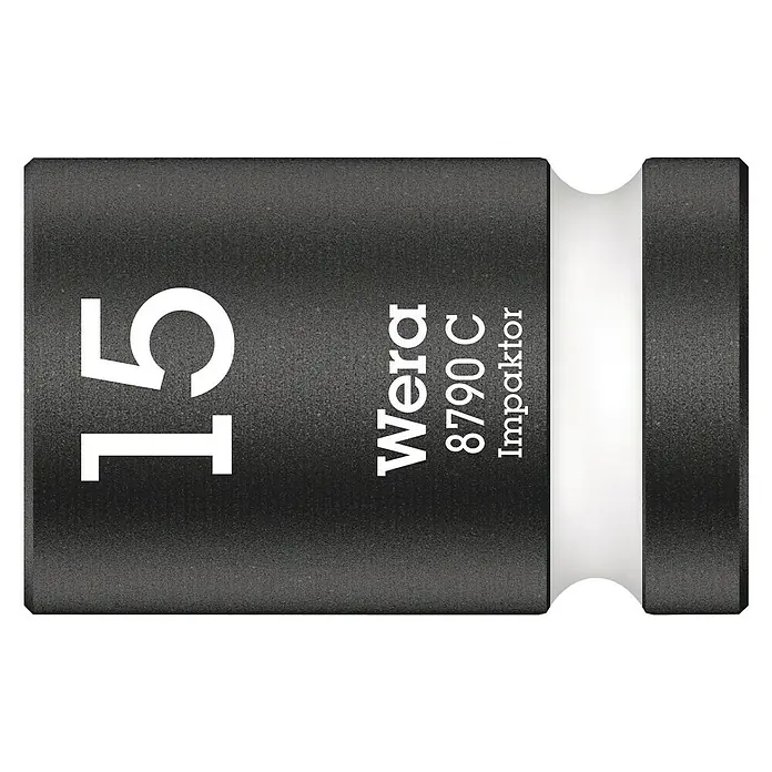 Wera Steckschlüsseleinsatz 8790 C - Schlüsselweite: 15 mm, Antriebsgröße: ½″ - Abbildung einer Wera 8790 C Impaktor Steckschlüssel-Nuss in Größe 15, ideal für anspruchsvolle Schraubarbeiten mit erhöhter Haltbarkeit.