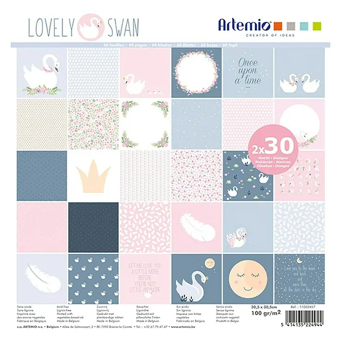 Artemio Pieza decorativa bloque de hojas Lovely Swan - 60 pzs., Papel, 30,5 x 30,5 cm - Bloc de papel Lovely Swan: 60 hojas con diseños de cisnes, ideal para scrapbooking y proyectos creativos.