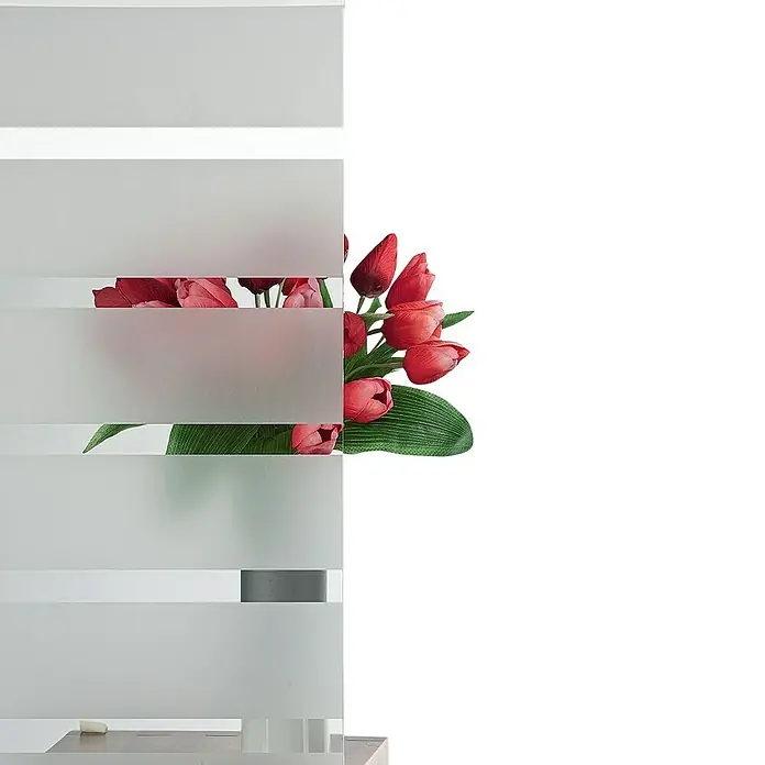 Portofino Haustür Basico 90 - 110 x 210 cm, DIN Anschlag: Links - Nahaufnahme eines Straußes roter Tulpen hinter einer teilweise transparenten Glasscheibe.