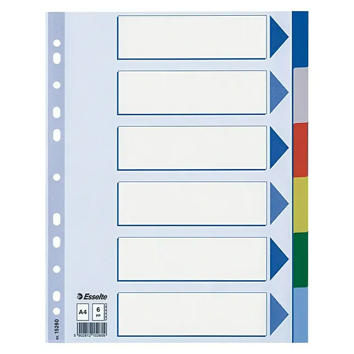 Esselte Register - B x H: 225 x 297 mm, 6 -tlg., Kunststoff - Esselte Registerblätter A4 mit 6 Registern, PP-Kunststoff, farbige Reiter für eine übersichtliche Organisation von Dokumenten im Ordner.