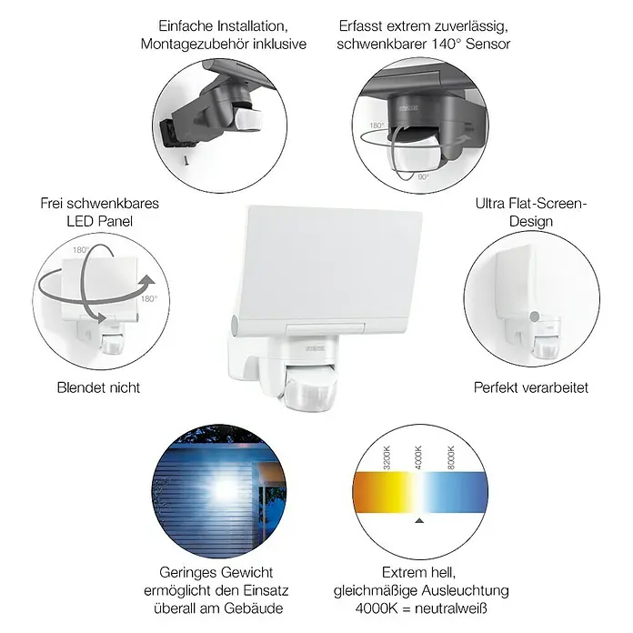 Steinel LED-Sensor-Strahler XLED home 2 S schwarz - 13,7 W, L x B x H: 161 x 180 x 218 mm, Schwarz, IP44 - Bild zeigt eine Steinel Außenleuchte mit Sensor, mit diversen Features hervorgehoben, wie Installation, Sensor, Design und Lichtfarben.