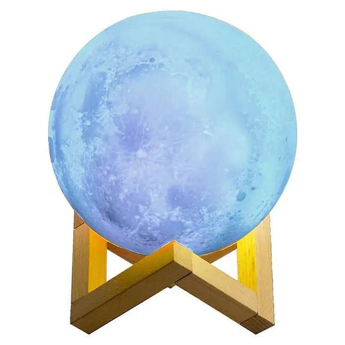 Voltomat Tischleuchte Luna - 15 W, Weiß, RGB - Blaue Mondlampe auf Holzständer. Stimmungsvolle Beleuchtung für Ihr Zuhause.