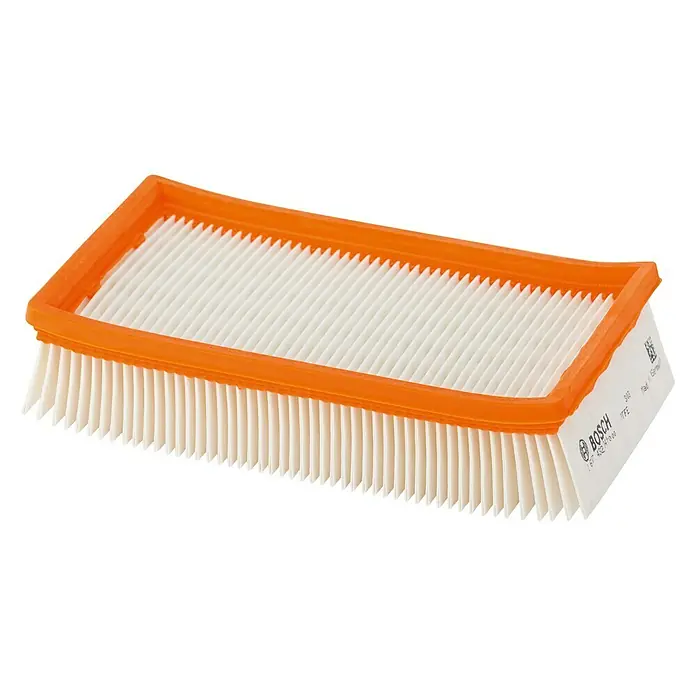 Bosch Flachfaltenfilter - PTFE - Ein rechteckiger Bosch Innenraumfilter mit orangem Rahmen, der für eine saubere Luft im Fahrzeuginnenraum sorgt. Er filtert zuverlässig Pollen, Staub und Schadstoffe.