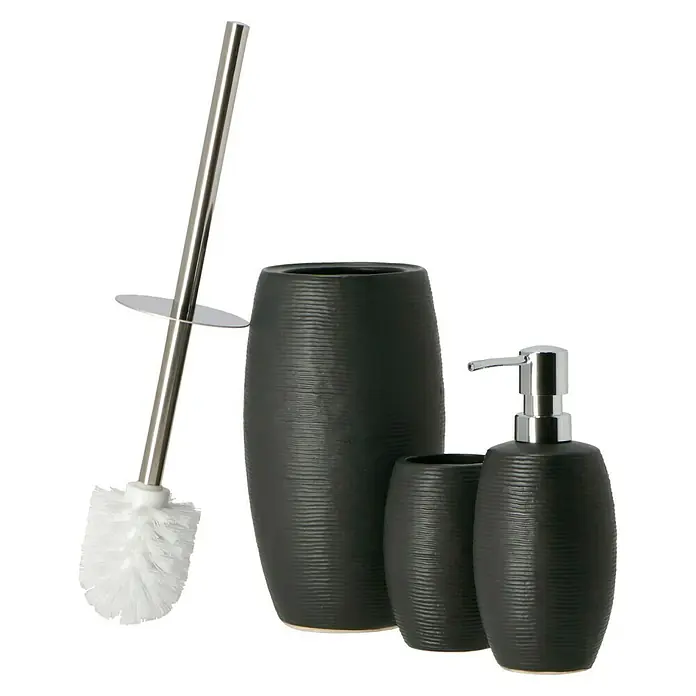 Venus Linea WC-Bürstengarnitur - Schwarz, Keramik, Höhe: 22,5 cm - Elegantes Badezimmer-Set in Schwarz, bestehend aus WC-Bürste, Becher, Seifenspender und Behälter, das stilvolle Akzente setzt.