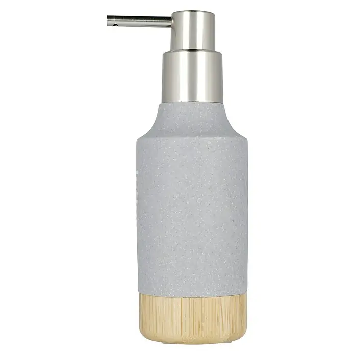 Venus Cooper Seifenspender - Polyresin, Grau - Heller, moderner Seifenspender mit Metalleinsatz und Holzsockel für Badezimmer oder Küche. Ein schickes Accessoire für jedes Zuhause.