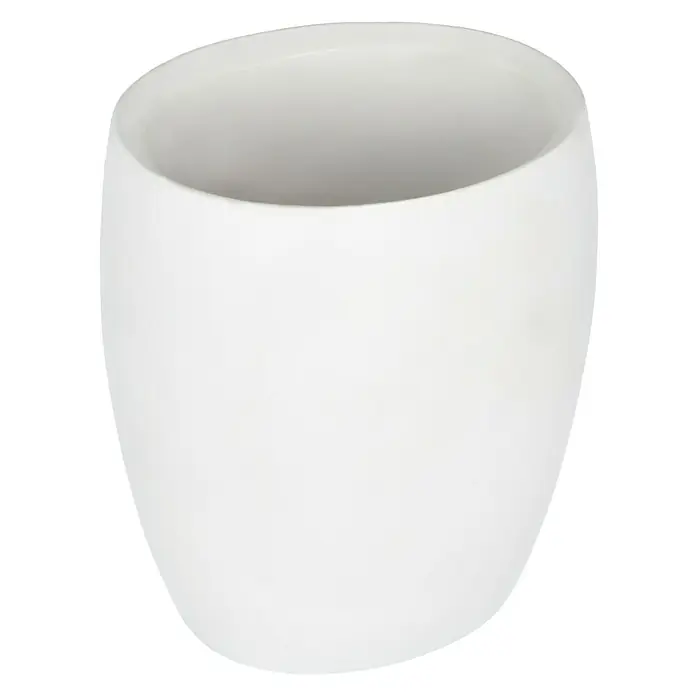 Venus Flakoni Zahnputzbecher - Weiß, Polyresin - Nahaufnahme eines weißen, runden Blumentopfs mit sanften Kurven und einer glänzenden Oberfläche. Schlichtes, modernes Design für Zimmerpflanzen.