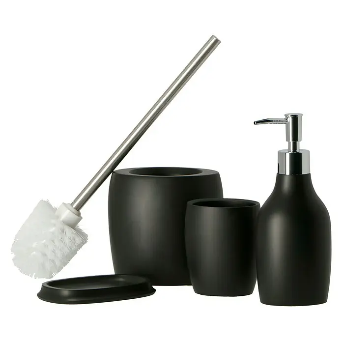 Venus Flakoni Seifenschale - Schwarz, Polyresin - Ein elegantes Badezimmer-Set in Schwarz, bestehend aus Seifenspender, Becher, WC-Bürste und Seifenablage, für ein stilvolles Bad.