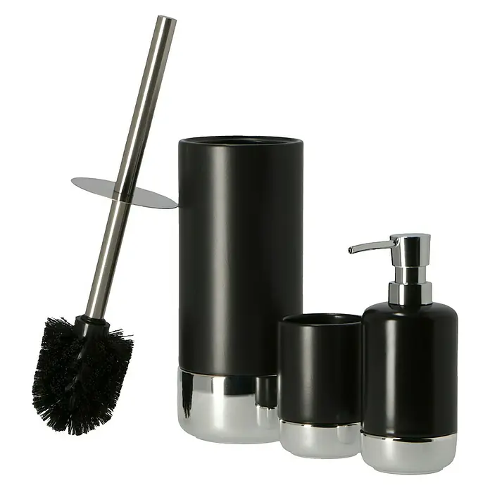 Venus Venezia WC-Bürstengarnitur - Keramik, Chrom/Schwarz - Elegantes Badezimmerset in Schwarz und Silber, bestehend aus Toilettenbürste, Seifenspender und Zahnputzbecher. Stilvolle Badaccessoires.