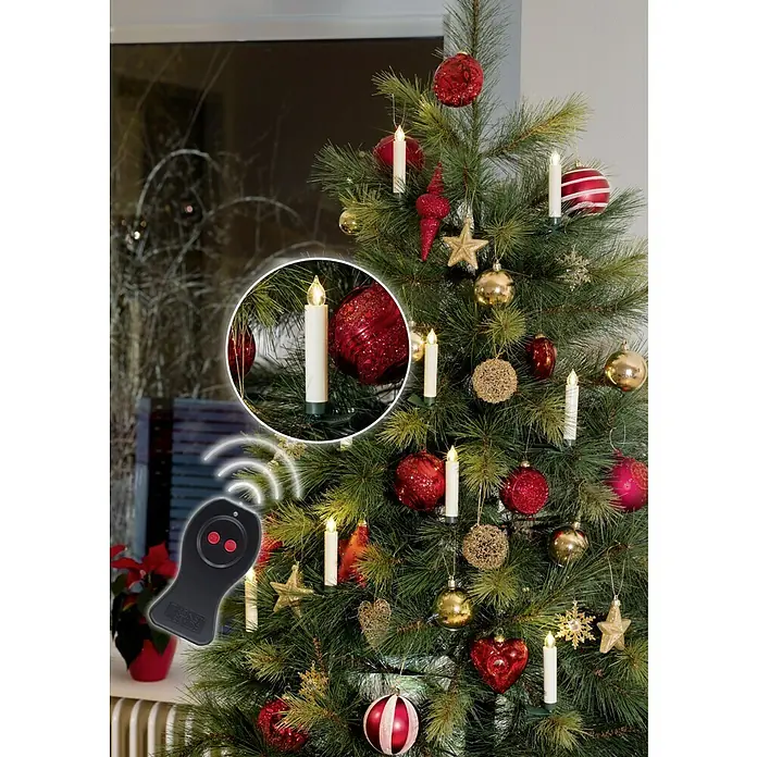 Konstsmide LED-Weihnachtskerzen Baumbeleuchtung - Weiß, Lichtfarbe: Warmweiß, 10 Stk., IP20 - Festlicher Weihnachtsbaum mit kabellosen LED-Kerzen und Fernbedienung für stimmungsvolle Beleuchtung.