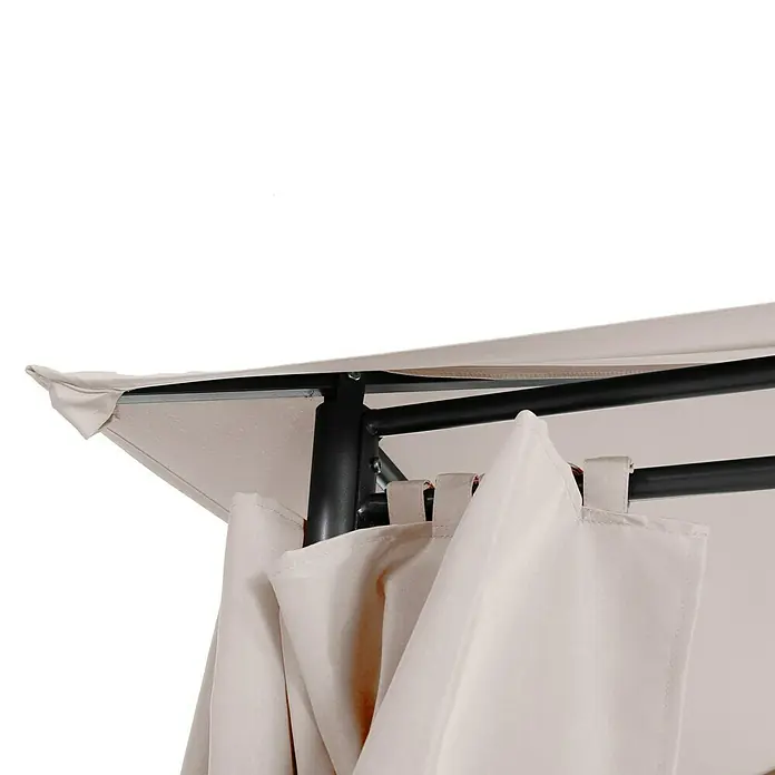 Sunfun Carpa con laterales Dominica - An x Pr: 296 x 396 cm, Color del techo: Beige - Primer plano de un cenador con cortinas beige y una estructura oscura robusta, ideal para jardines y terrazas al aire libre.