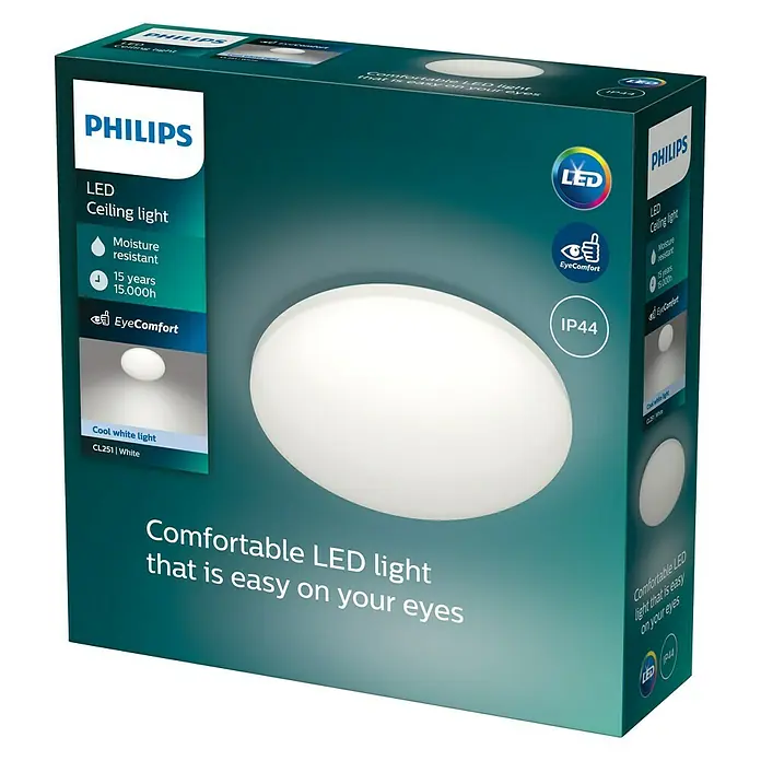 Philips Plafón LED redondo Zarpy - 10 W, Ø x Al: 250 mm x 8,1 cm, Blanco, Blanco neutro - Imagen de un embalaje de luz de techo LED de Philips. El producto promete una luz cómoda y agradable a la vista.