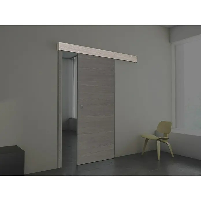 Solid Elements Embellecedor exterior Roble Finlandés - 1.500 x 100 mm, Roble oscuro - Moderna puerta corredera en gris con veta de madera, ideal para interiores contemporáneos y soluciones que ahorran espacio.