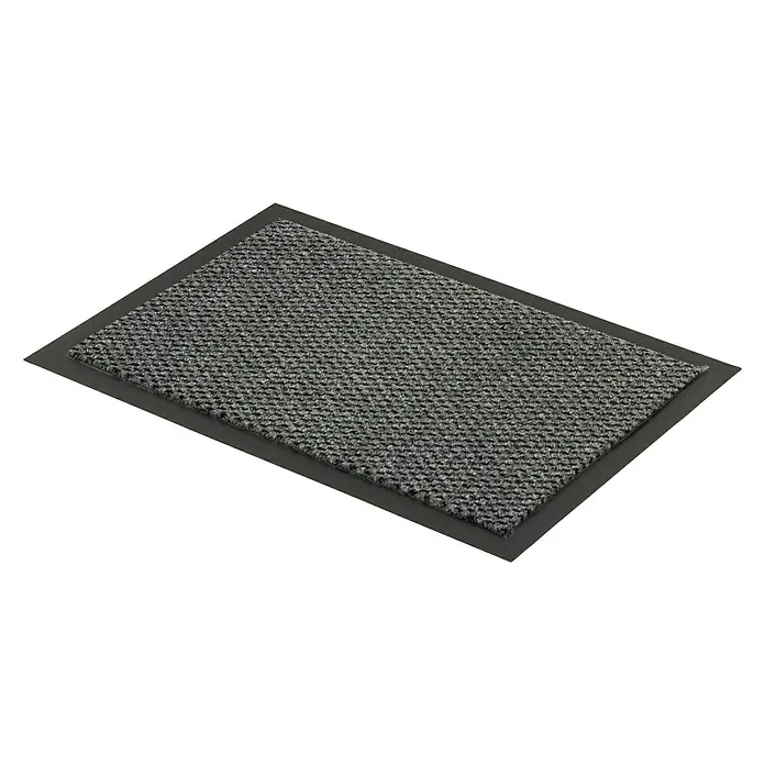 Astra Schmutzfangmatte Achat - Anthrazit/Grau, 120 x 80 cm, Material Nutzschicht: 100 % Polypropylen - Ein grauer Fußabtreter mit einem schwarzen Rand liegt auf einem schwarzen Hintergrund. Perfekt, um Schmutz und Nässe aus dem Haus fernzuhalten.