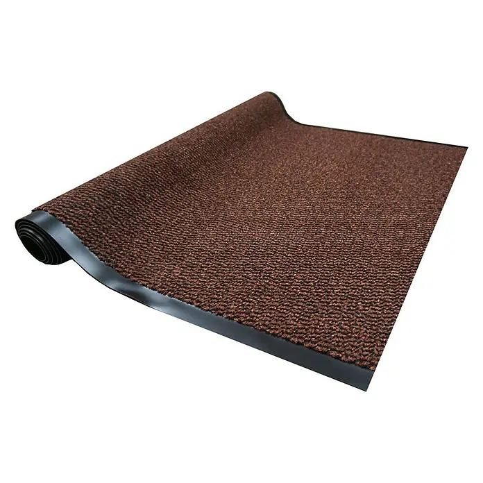 Astra Schmutzfangmatte Saphir - Rot, 180 x 120 cm - Braune Fußmatte mit schwarzer Umrandung, teilweise aufgerollt, ideal für den Innenbereich.