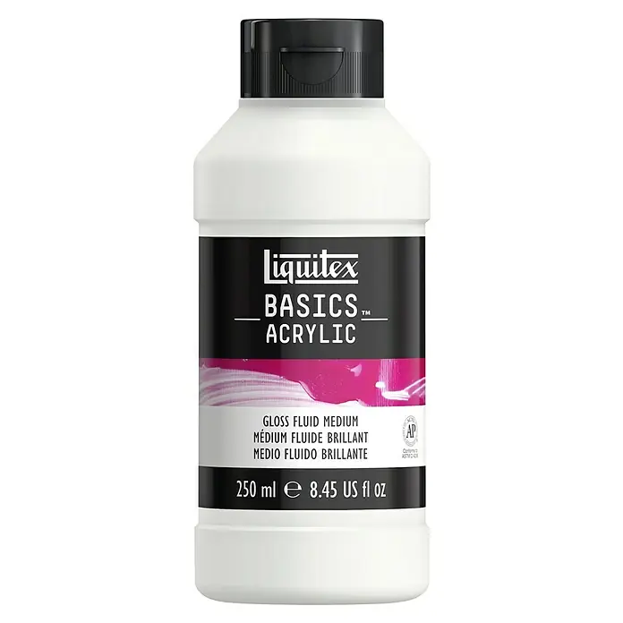 Liquitex Basics Flüssigmedium Glanz - Transparent, 250 ml, Glänzend - Weiße Flasche Liquitex Basics Acryl Gloss Fluid Medium mit schwarzem Deckel und Etikett.