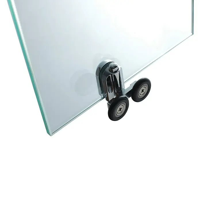 GME Mampara de ducha frontal Prestige - 100 x 195 cm, Anodizado, Espesor de vidrio: 8 mm, Plata brillo - Primer plano de una cabina de ducha de vidrio con suspensión de rodillos. El diseño es minimalista y moderno.