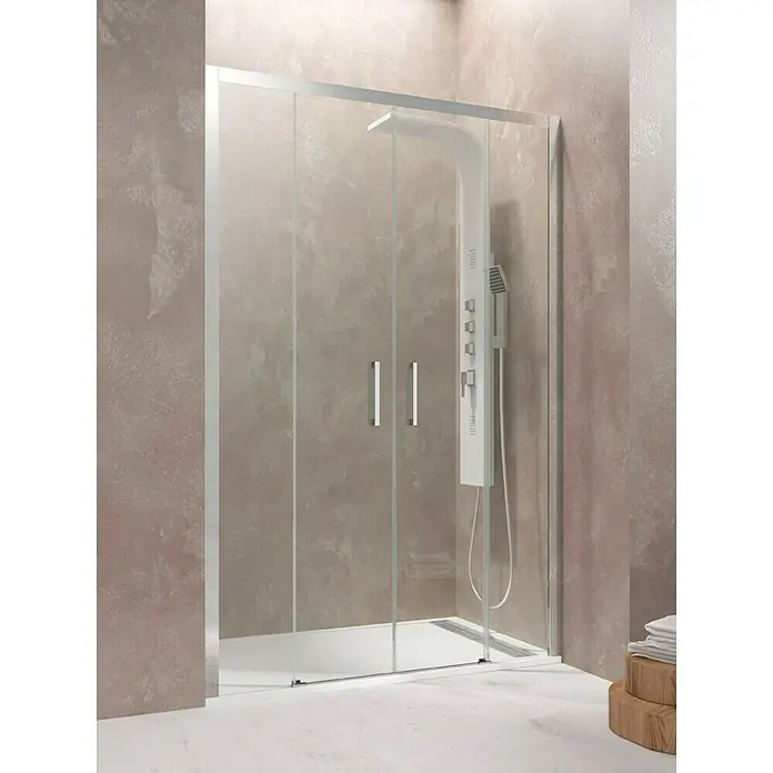 GME Mampara de ducha frontal Aktual Spazio - 180 x 195 cm, Vidrio transparente, Plata brillo - Imagen de una moderna cabina de ducha con paneles de vidrio transparente y marcos plateados. Incluye un panel de ducha con varias funciones.
