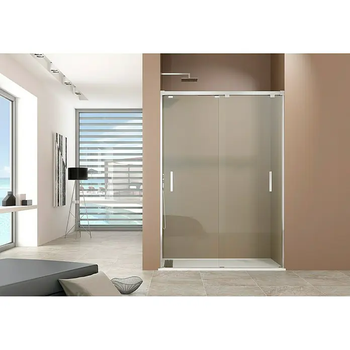 GME Mampara de ducha frontal Bypass - 150 x 190 cm, Anodizado, Espesor de vidrio: 6 mm, Plata brillo - Imagen de una mampara de ducha moderna con puertas correderas, ideal para un baño con estilo. La mampara destaca por sus líneas limpias y materiales de alta calidad.