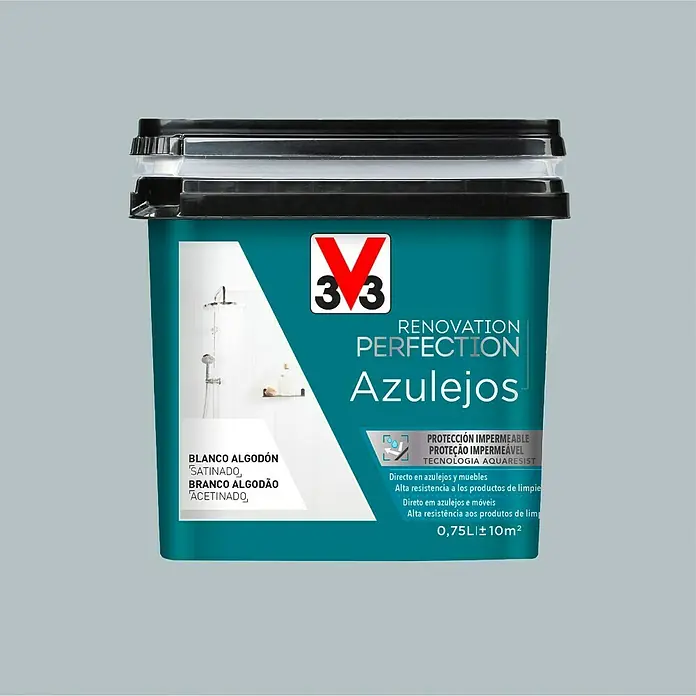 V33 Esmalte para azulejos Renovation Perfection - Gris delfín, 750 ml, Satinado - Una lata de pintura para azulejos "V33 Renovation Perfection Azulejos" en algodón blanco, ideal para renovación impermeable con tecnología AquaResist.