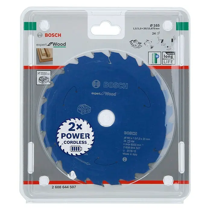 Bosch Kreissägeblatt Expert for Wood - 165 mm, Bohrung: 20 mm, Anzahl Zähne: 24 Stk. - Bild einer Bosch Expert Wood Kreissägeblattverpackung, ideal zum präzisen Schneiden von Holz mit Akku-betriebenen Werkzeugen.