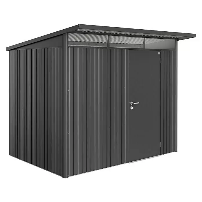 Biohort AvantGarde Gerätehaus AvantGarde A5 - Außenmaß inkl. Dachüberstand (B x T): 260 x 220 cm, Stahl, Dunkelgrau Metallic, Einzeltür - Diagonale Ansicht