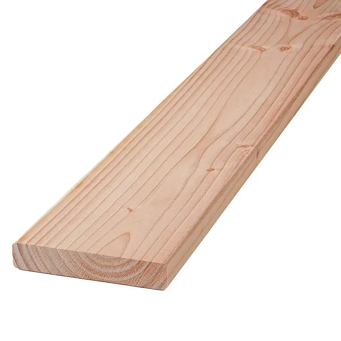 Glattkantbrett - 200 x 14,5 x 1,8 cm, Douglasie - Nahaufnahme eines unbehandelten, hellen Holzbretts mit sichtbarer Maserung. Ideal für Bau- oder DIY-Projekte.