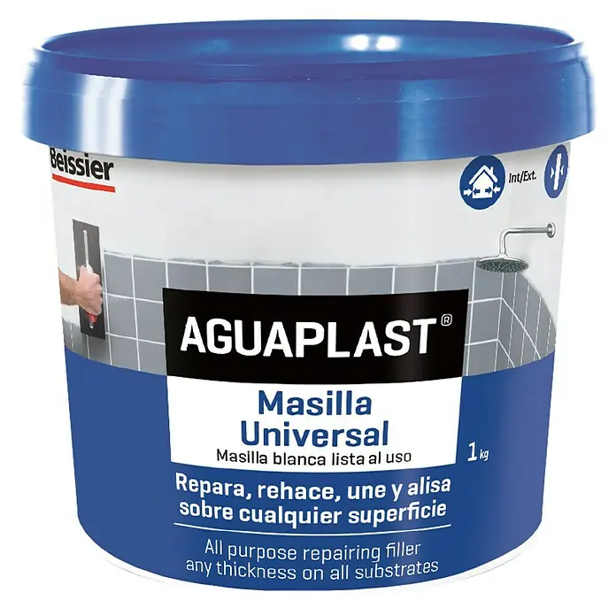 Beissier Aguaplast Masilla Universal - Blanco, 1 kg - Cubo de masilla universal lista al uso Aguaplast, 1 kg, para reparar y alisar cualquier superficie, interior o exterior.