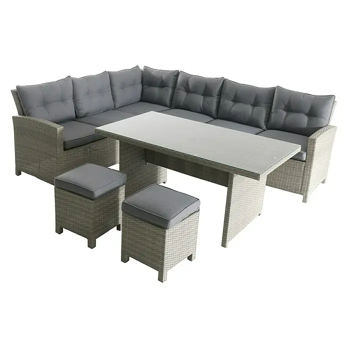Sunfun Juego de recambio cojines Silvana - Apto para: Muebles de jardín - Juego de muebles de patio gris con sofá, mesa y taburetes. El conjunto es ideal para el jardín o patio, ofreciendo un espacio relajante.
