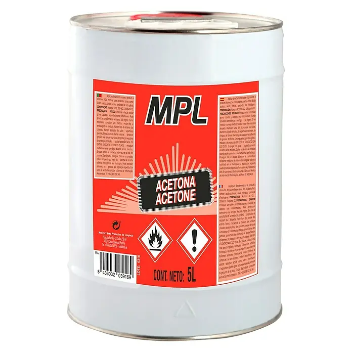 MPL Acetona - 5 l - Acetona en envase metálico con etiqueta roja, "MPL Acetona Acetone" y símbolos de peligro.