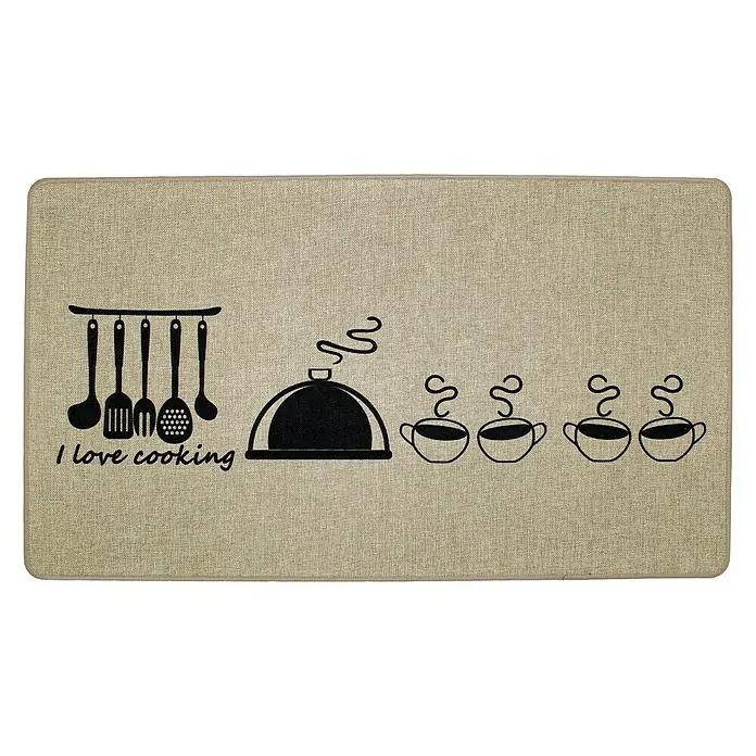 Alfombra de cocina Verona Kitchen - Marrón, 70 x 40 cm - Alfombra de cocina beige con utensilios de cocina y tazas de café para una decoración de cocina encantadora.