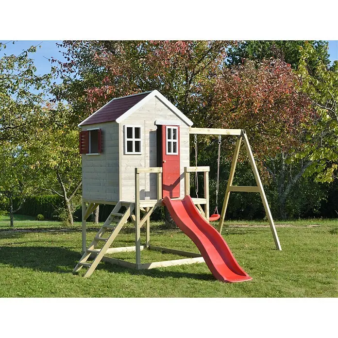 Wendi Toys Spielhaus Elefant - Glas, Natur/Rot - Hölzernes Spielhaus mit roter Rutsche und Schaukel im Garten für Kinder zum Spielen und Spaß haben.