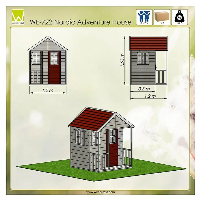 Wendi Toys Spielhaus Fuchs - L x B x H: 120 x 120 x 155 cm, Holz, Natur/Rot - Abbildung eines WE-722 Nordic Adventure House, ein Spielhaus für Kinder von 3-7 Jahren, mit den Maßen 1,2 m Breite, 1,55 m Höhe und 54,5 kg Gewicht.