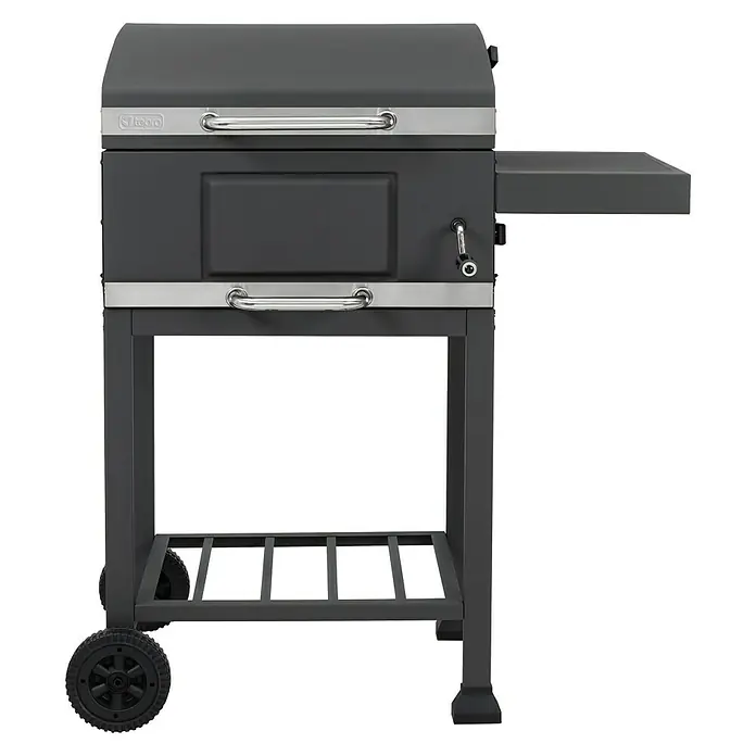 Tepro Holzkohlegrill Toronto Basic - Grillfläche (B x T): 52 x 36 cm, Anthrazit, Edelstahl - Detaillierte Aufnahme eines Holzkohlegrills in Grau mit seitlicher Ablagefläche und Rädern für einfachen Transport.