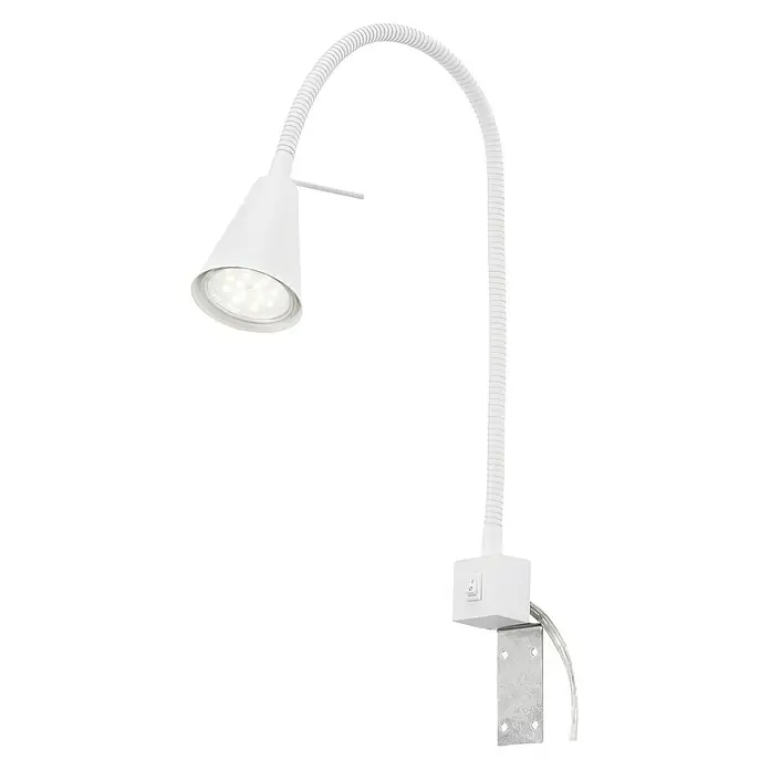 Briloner Foco de pared LED para cama Comfort Light - Blanco, 4 W - Primer plano de una lámpara de escritorio blanca con brazo flexible y bombilla LED, ideal para iluminación enfocada.